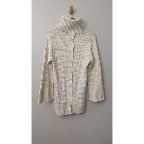 Lacoste Turtleneck Tunic Sweater Cream Wool Cashmere Fisherman Button Back M - Picture 5 of 10